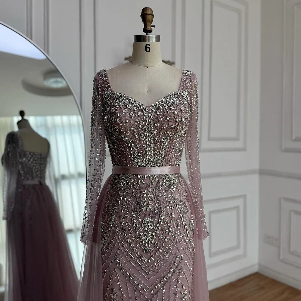 Luxury Nude Beaded Mermaid Evening Dress With Overskirt CLA73190