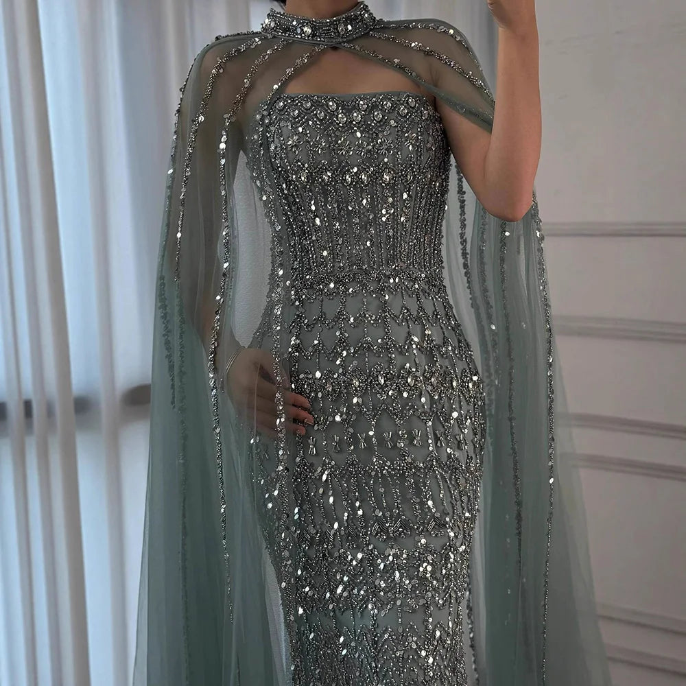 Arabic Luxury Beaded Strapless Mermaid Evening Dress With Cape Women Wedding Party Gown CLA72714B