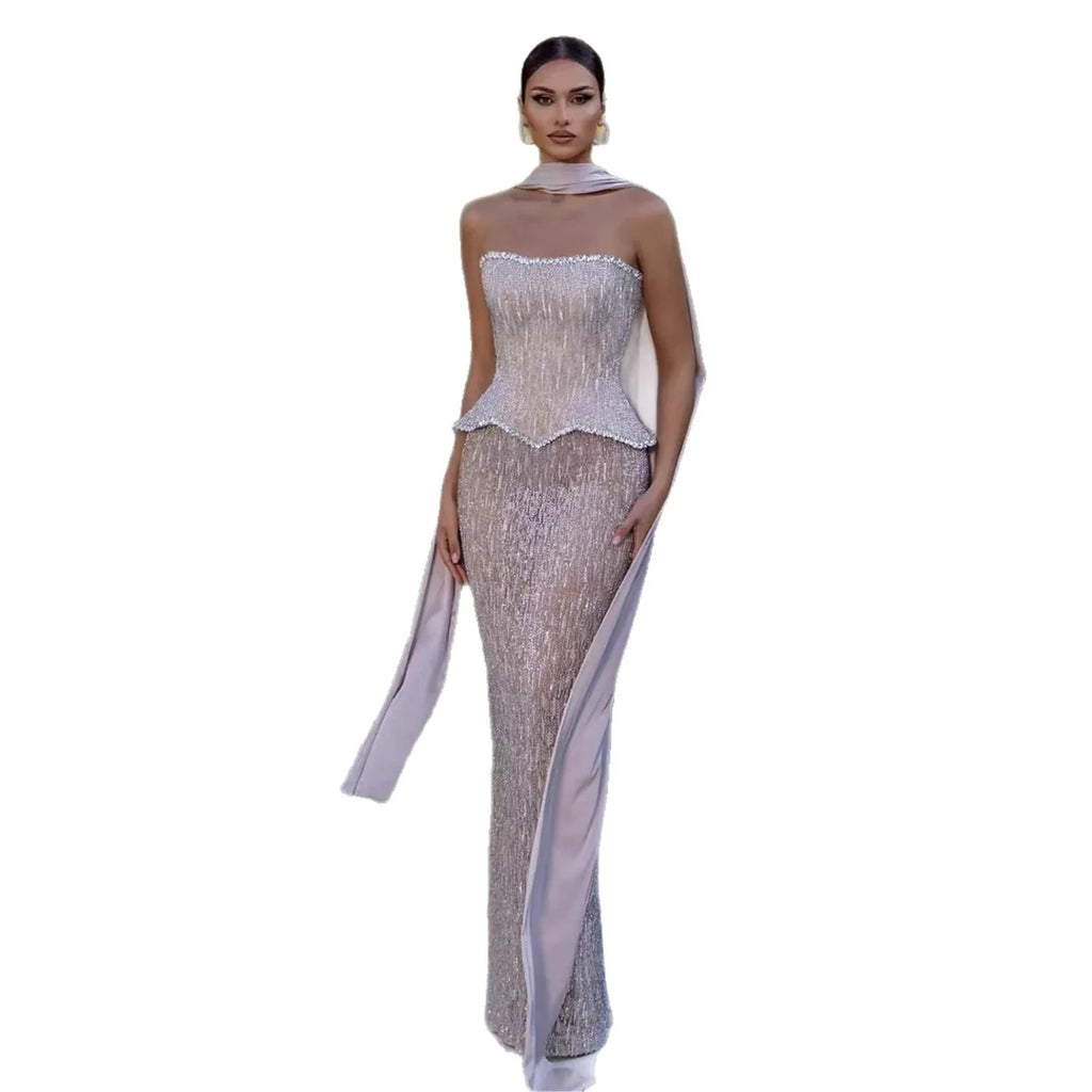 Luxury Nude Beaded Mermaid Evening Dress Strapless With Shawl CLA73076A