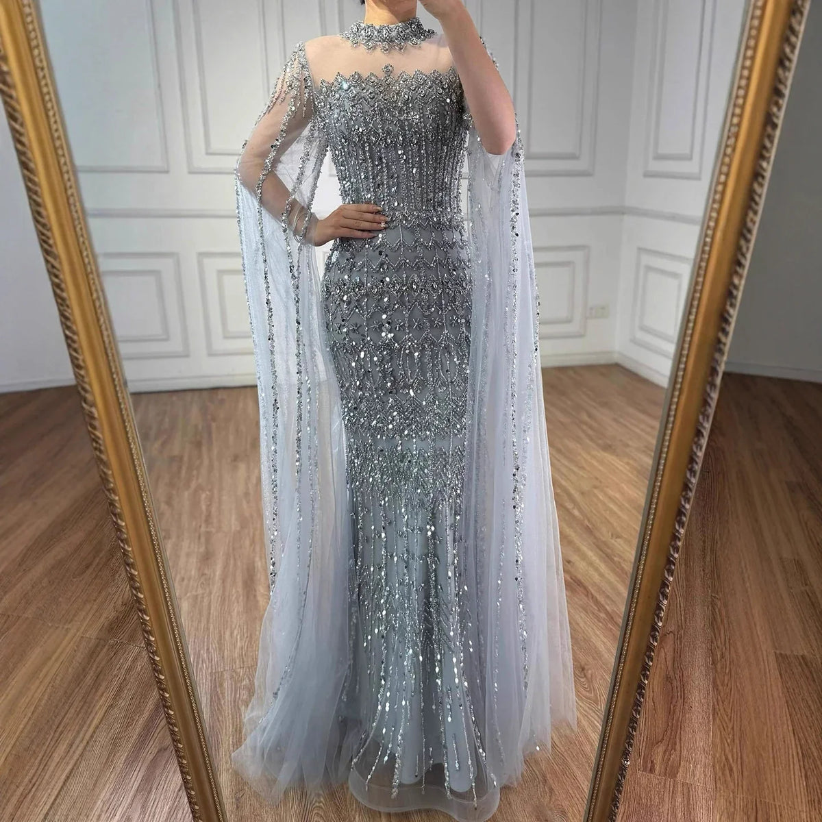 Arabic Luxury Beaded Mermaid Evening Dress Modest High Neck Cape Sleeves CLA72714A