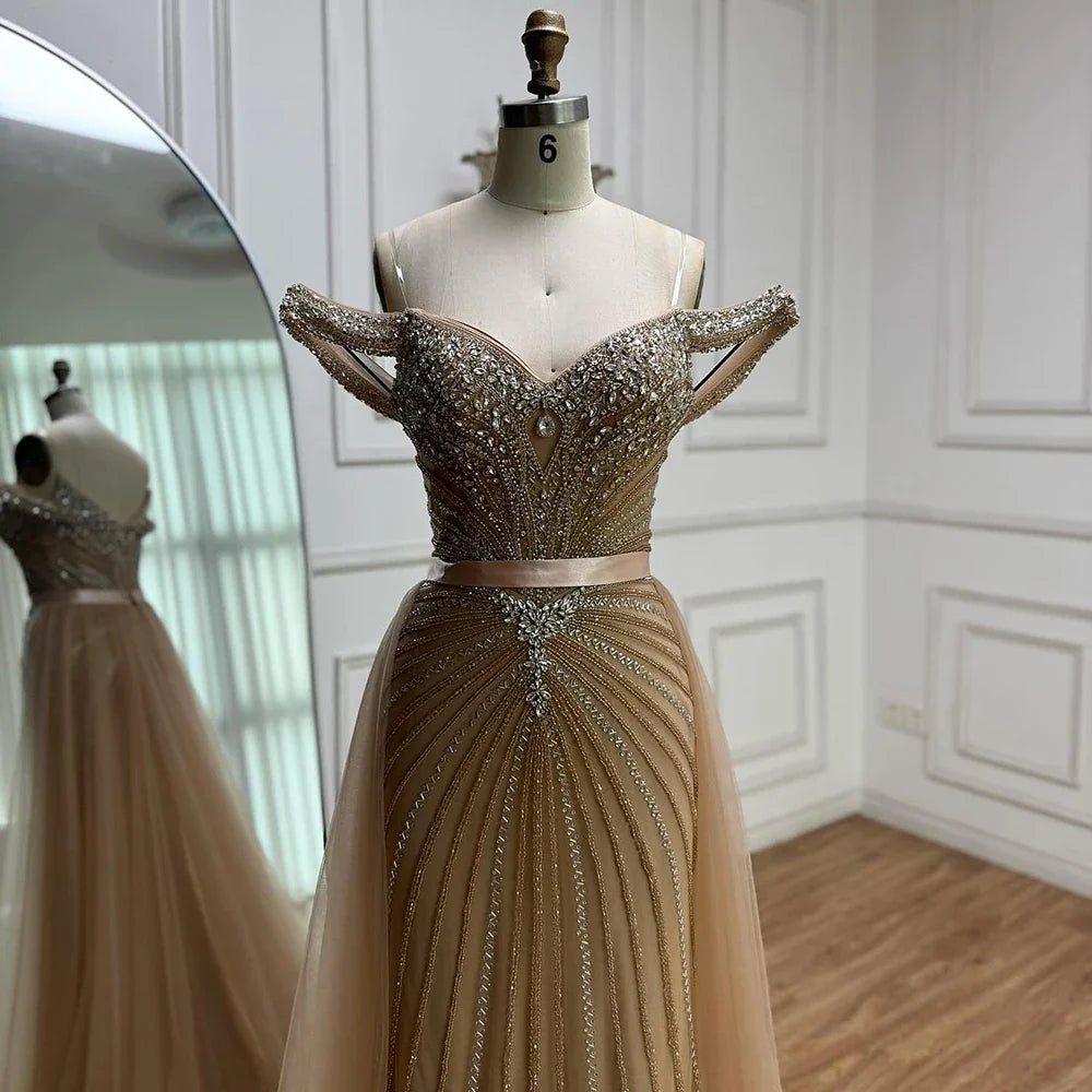 Arabic Luxury Beaded Off Shoulder Mermaid With Overskirt Evening Dress CLA73128