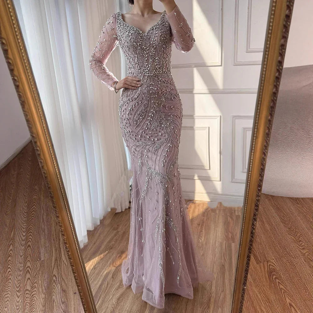 Luxury Muslim Nude Arabic Mermaid Beaded Evening Dress CLA73191