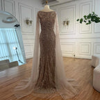 Luxury Caramel Beaded Mermaid Evening Dress With Cape Sleeves CLA73078