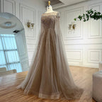 Luxury Beaded A-Line Cape Sleeves Round Neck Modest Evening Dress CLA72994