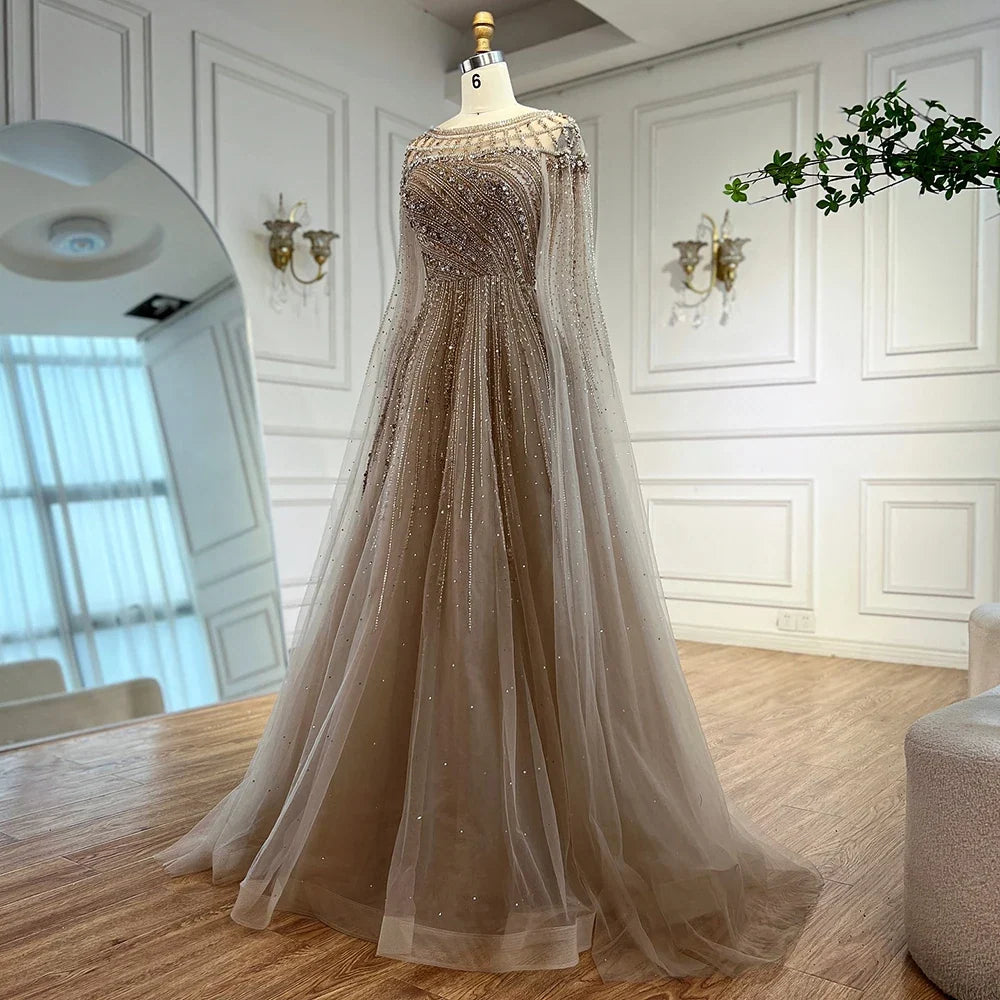 Luxury Beaded A-Line Cape Sleeves Round Neck Modest Evening Dress CLA72994