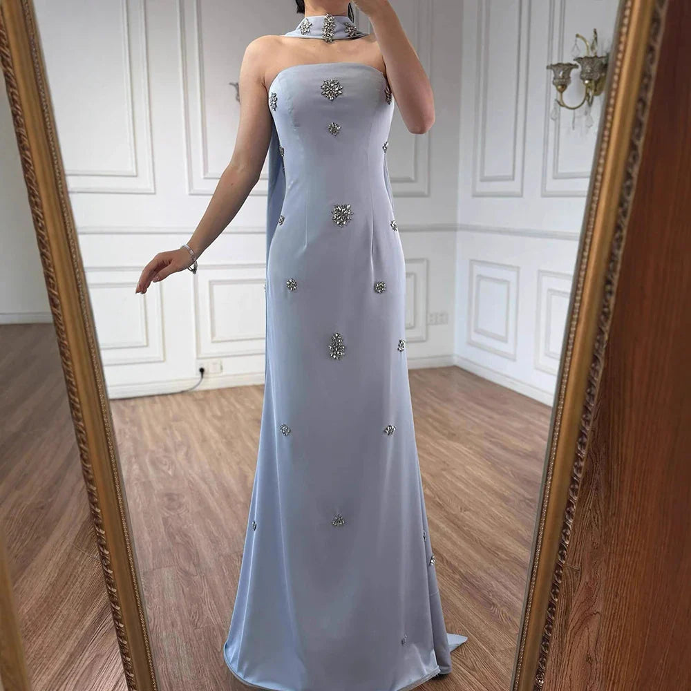 Arabic Simple Beaded Mermaid Strapless Evening Dress With Scarf Women Occasion Gown CLA73100
