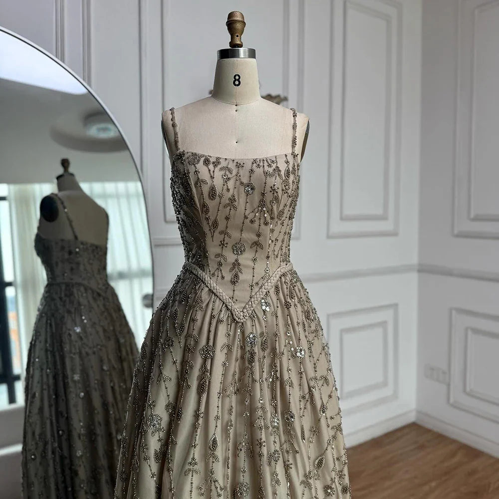 Luxury Sage Green Beaded A-Line Spaghetti Straps Evening Dress CLA72805