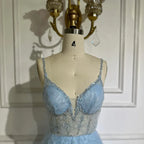 Sage Green A-Line Spaghetti Straps Simple Beaded Prom Dress CLA72636