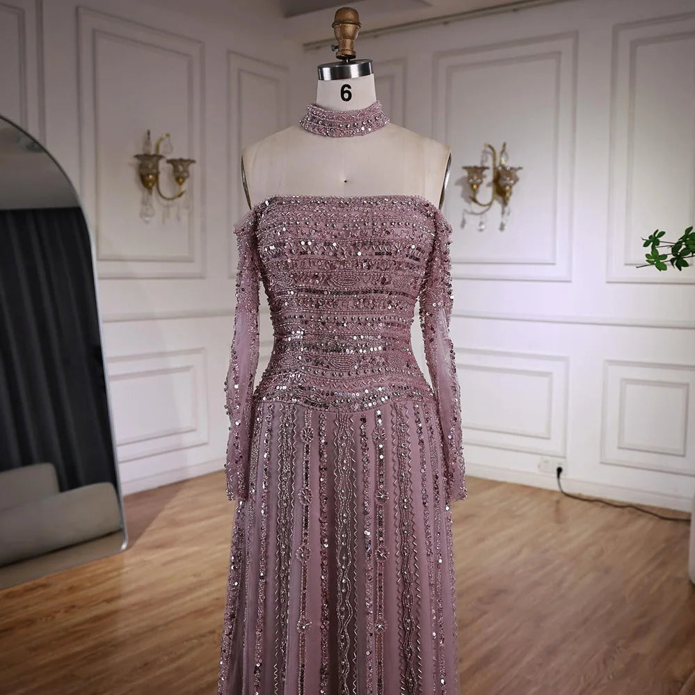 Luxury Caramel Off Shoulder Beaded Mermaid Evening Dress Long Sleeves CLA73053