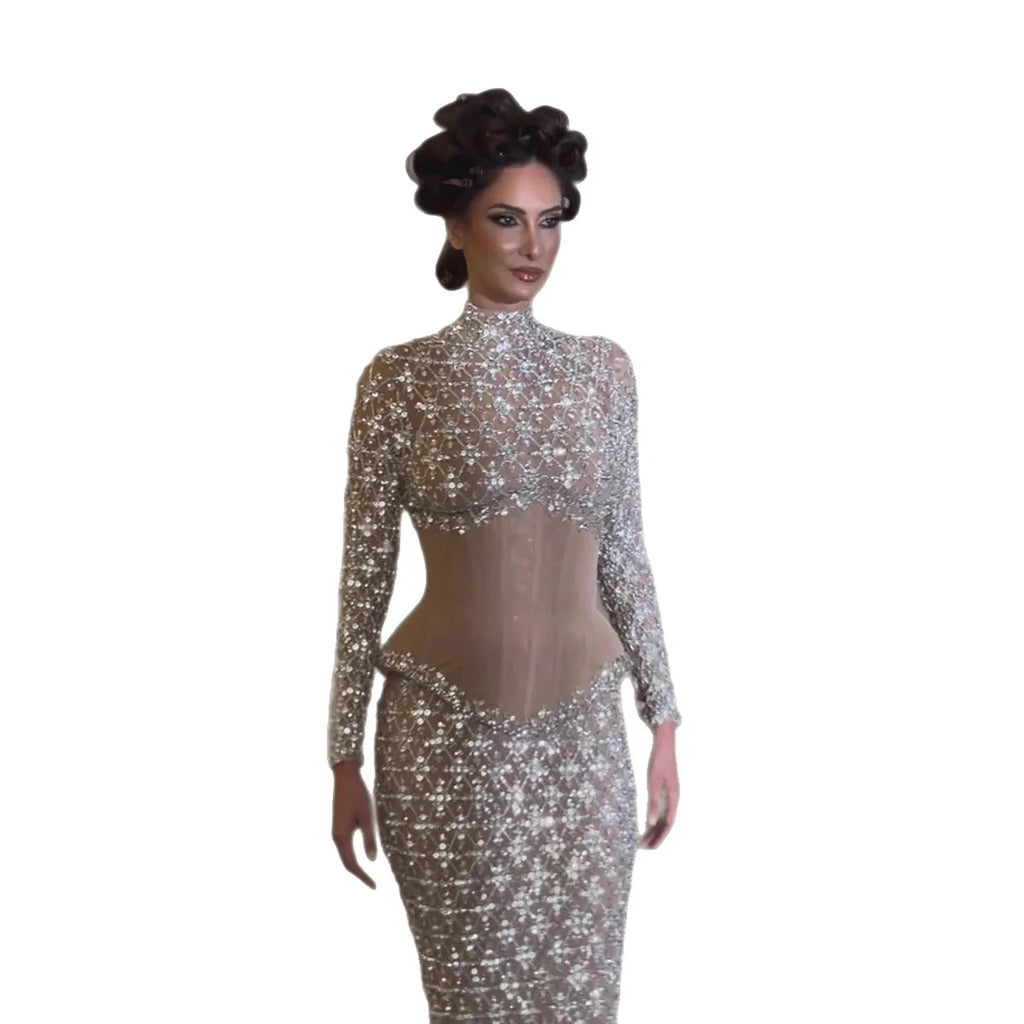 Luxury Silver Nude Beaded Corset Mermaid Evening Dress CLA73335