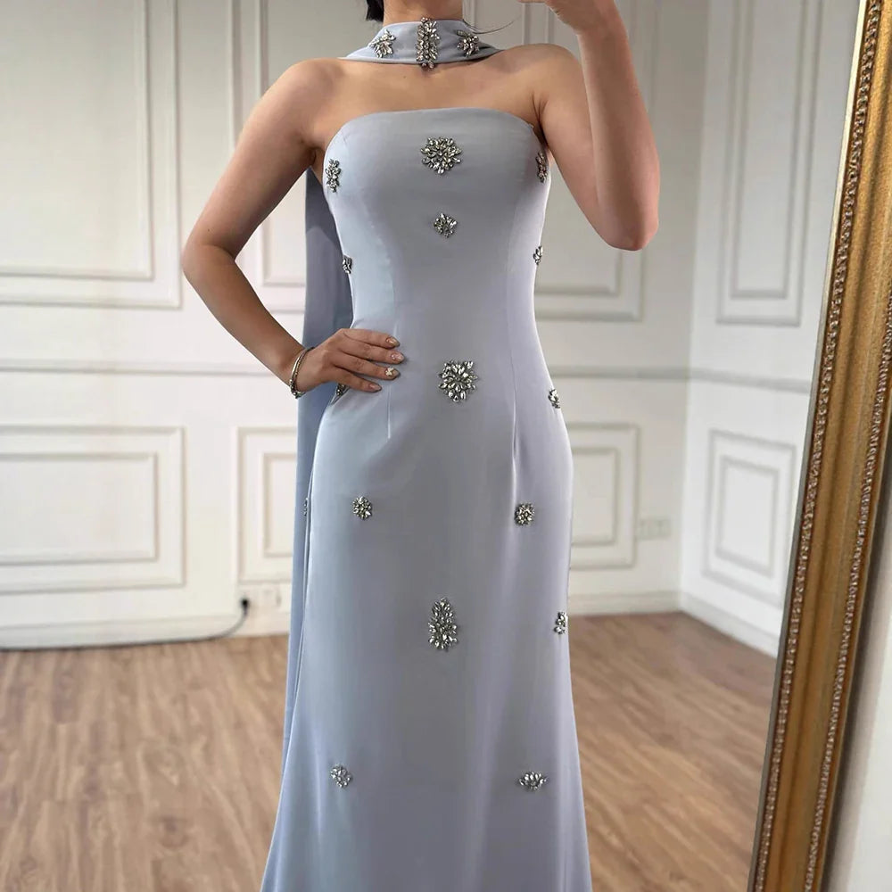 Arabic Simple Beaded Mermaid Strapless Evening Dress With Scarf Women Occasion Gown CLA73100