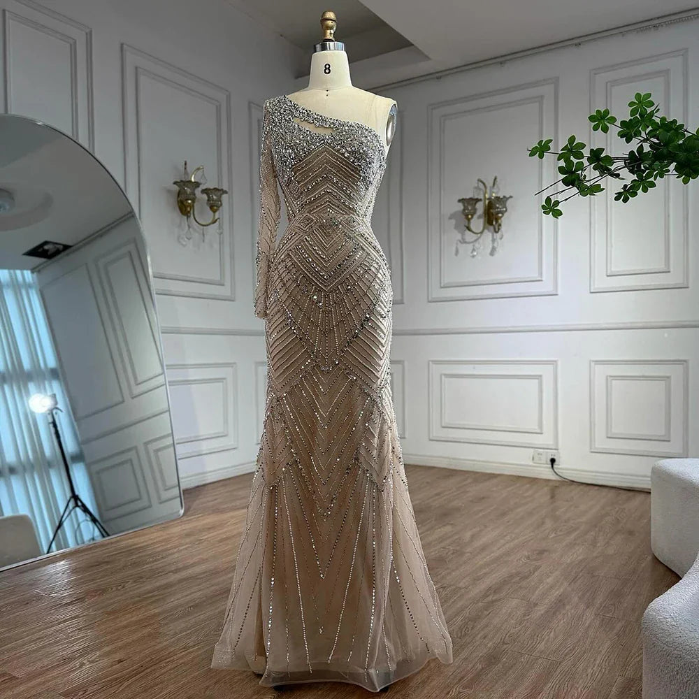 Luxury Nude One Shoulder Long Sleeve Beaded Evening Dress CLA73180