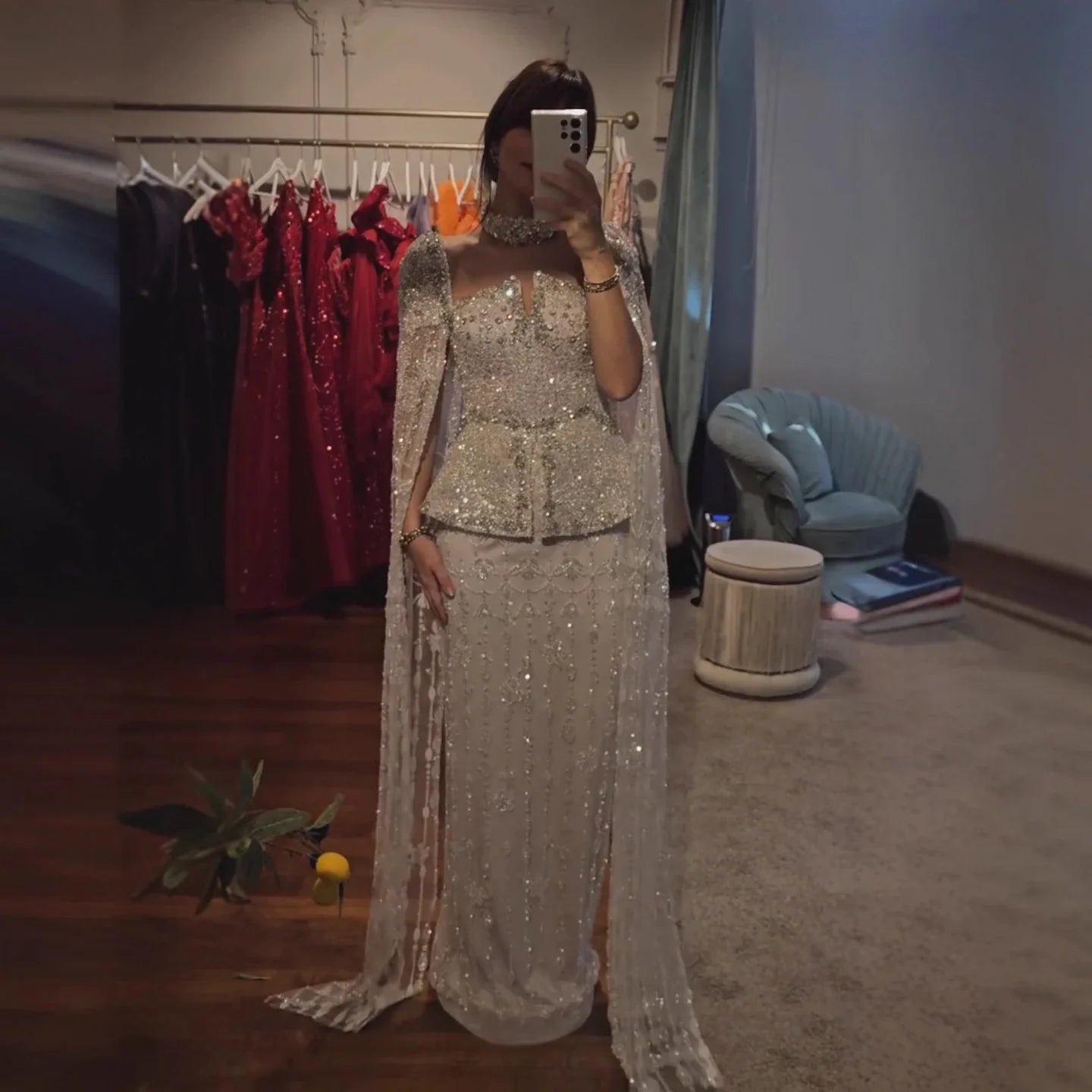 Luxury Nude Dubai Crystal Beaded Evening Dress with Cape LA73274