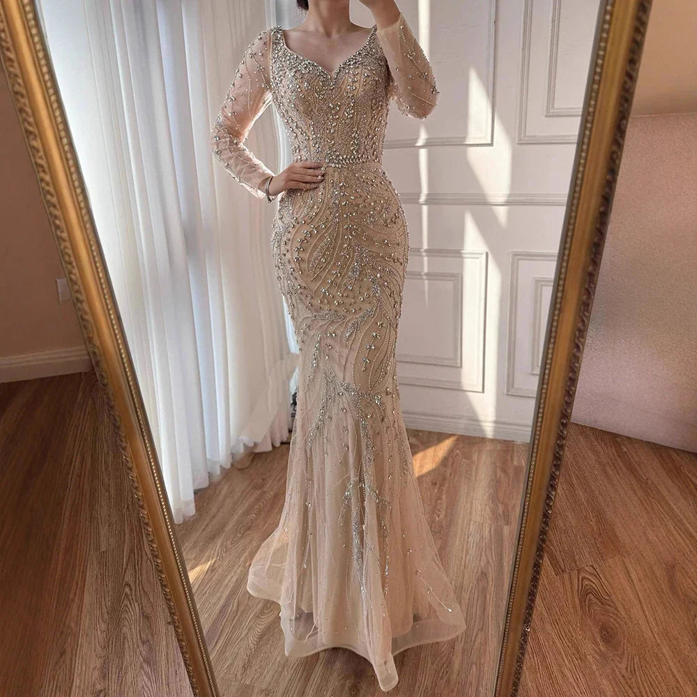Luxury Muslim Nude Arabic Mermaid Beaded Evening Dress CLA73191