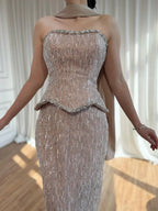 Luxury Nude Beaded Mermaid Evening Dress Strapless With Shawl CLA73076A