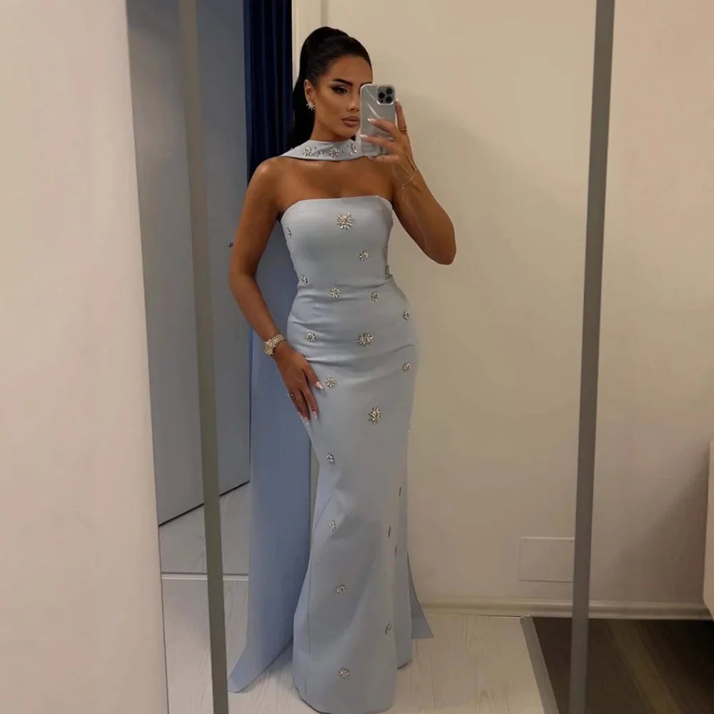 Arabic Simple Beaded Mermaid Strapless Evening Dress With Scarf Women Occasion Gown CLA73100