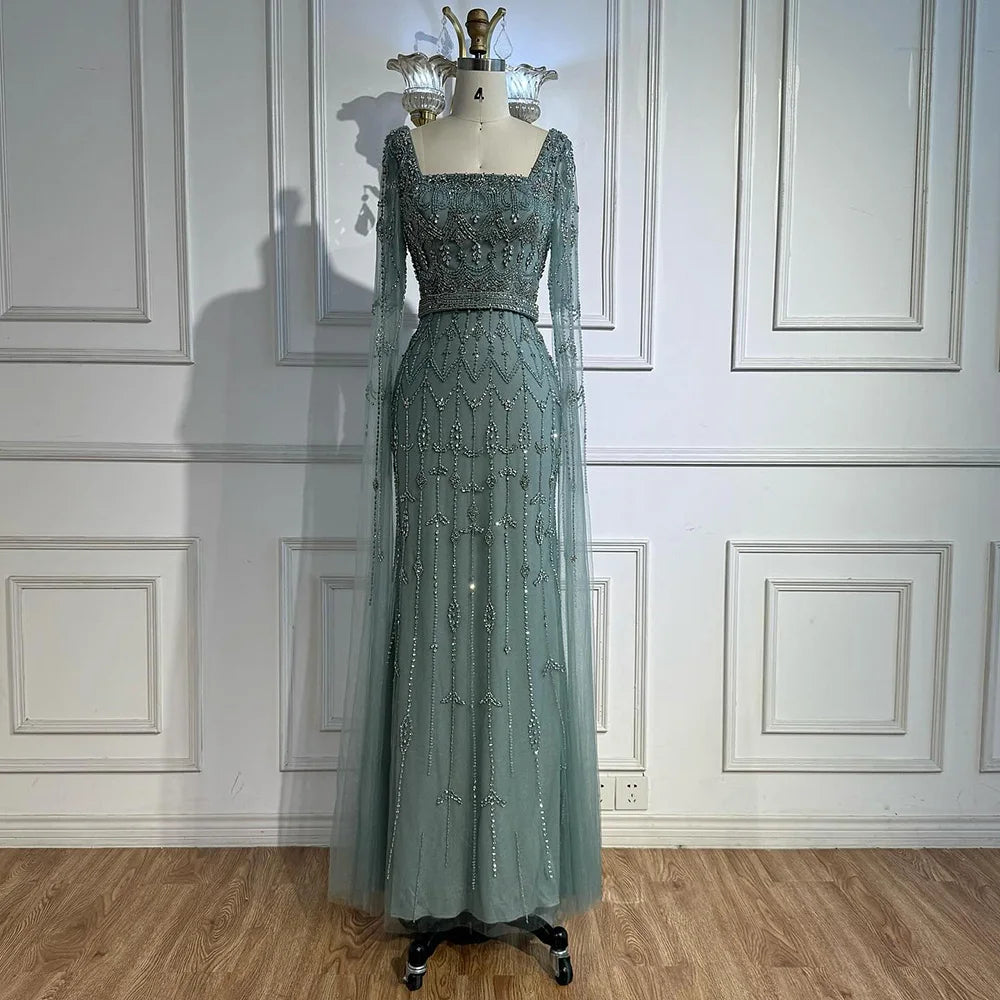 Luxury Arabic Caramel Beaded Evening Dress With Cape Sleeves CLA72966A