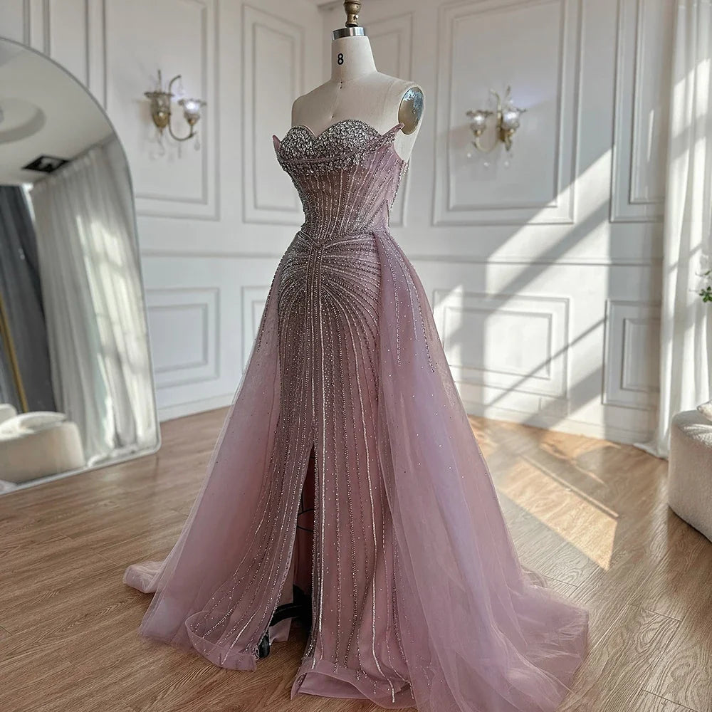 Arabic Luxury Beaded Mermaid Overskirt With Slit Strapless Evening Dress CLA72811