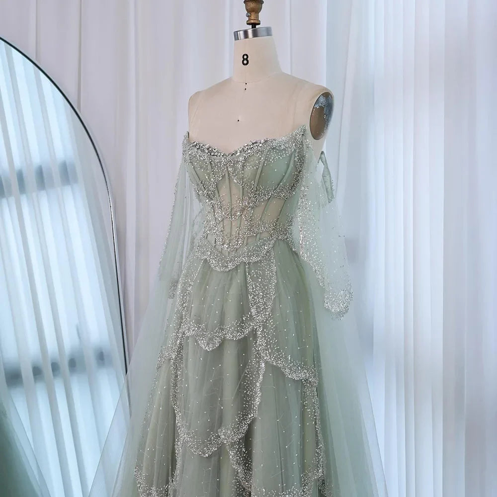 Luxury Arabic Sage Green Beaded A-Line Evening Dress with Cape CLA72605A