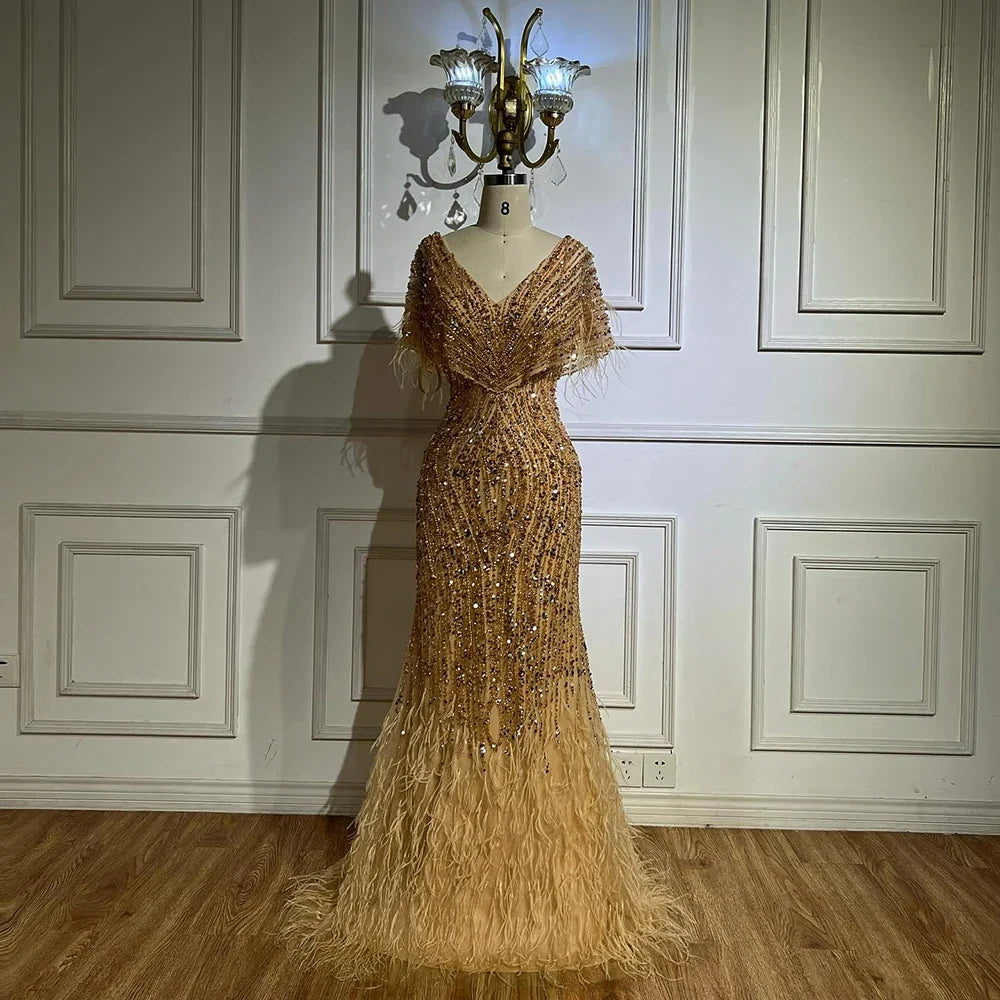 Arabic Pearls Beaded Feathers Mermaid Evening Dress Elegant For Women Wedding Party CLA72837
