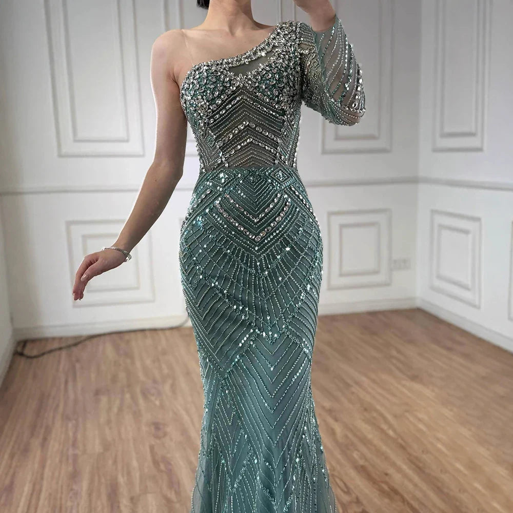 Luxury Nude One Shoulder Long Sleeve Beaded Evening Dress CLA73180