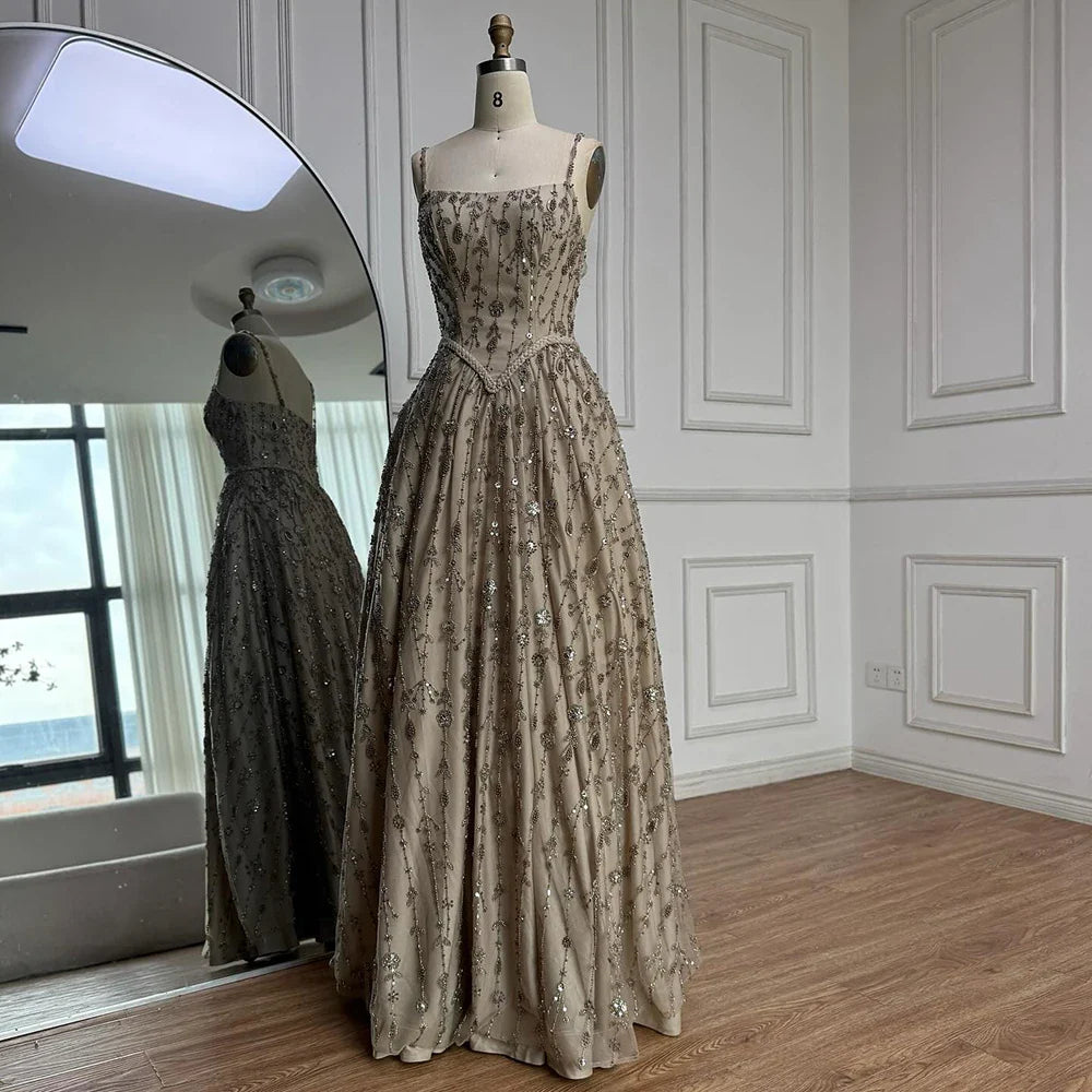 Luxury Sage Green Beaded A-Line Spaghetti Straps Evening Dress CLA72805