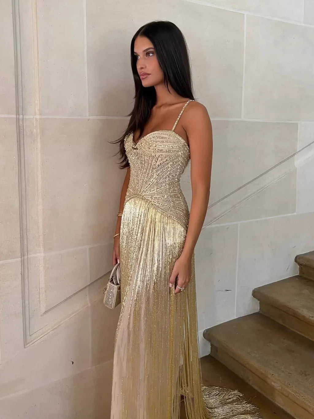 Arabic Luxury Beaded Tassels Mermaid Evening Dress Spaghetti Straps Women Party Gown CLA73446