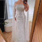 Luxury White Dubai Arabia Beaded Evening Dress With Cape CLA72870