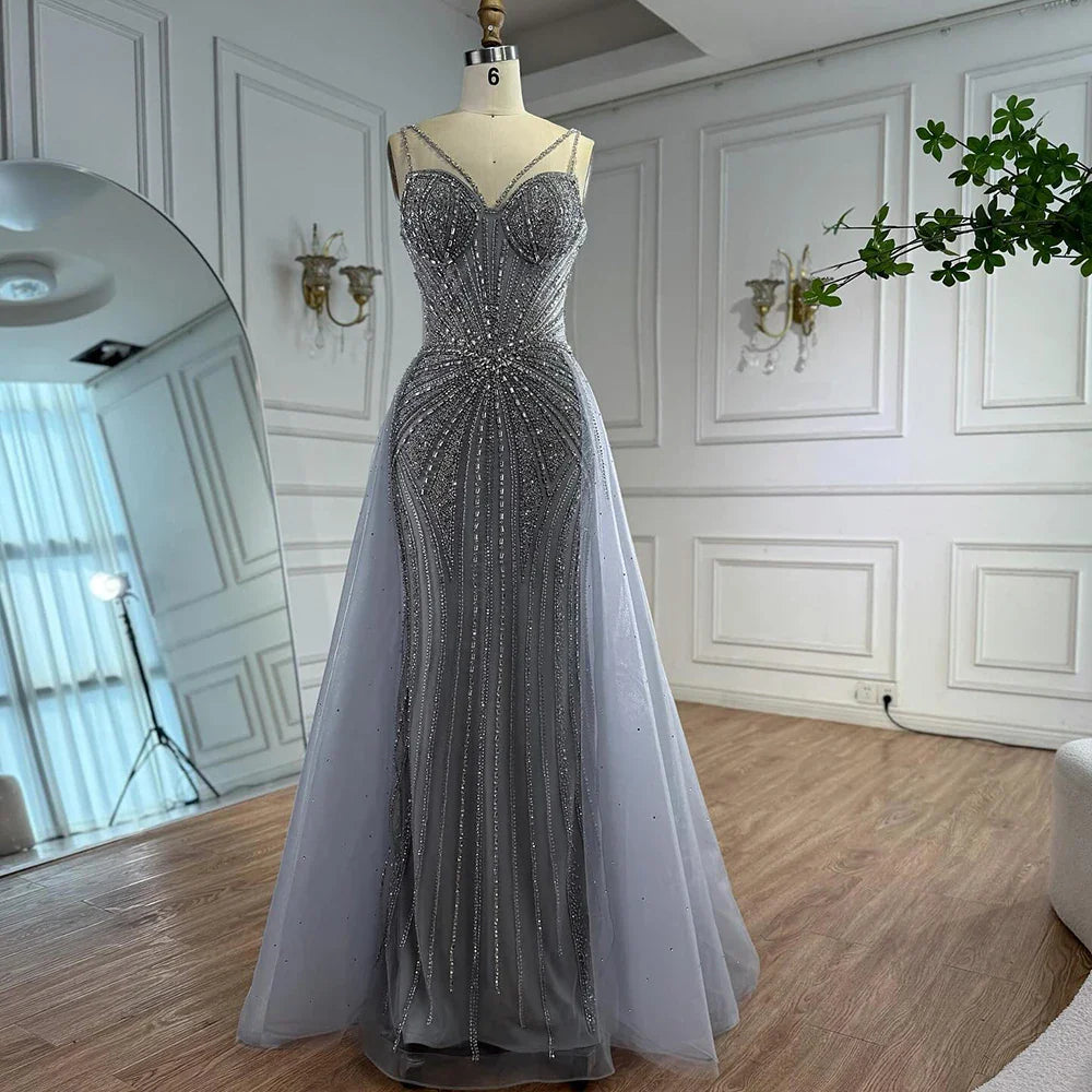 Luxury Nude Spaghetti Strap Mermaid Evening Dress with Overskirt Beaded CLA73090A
