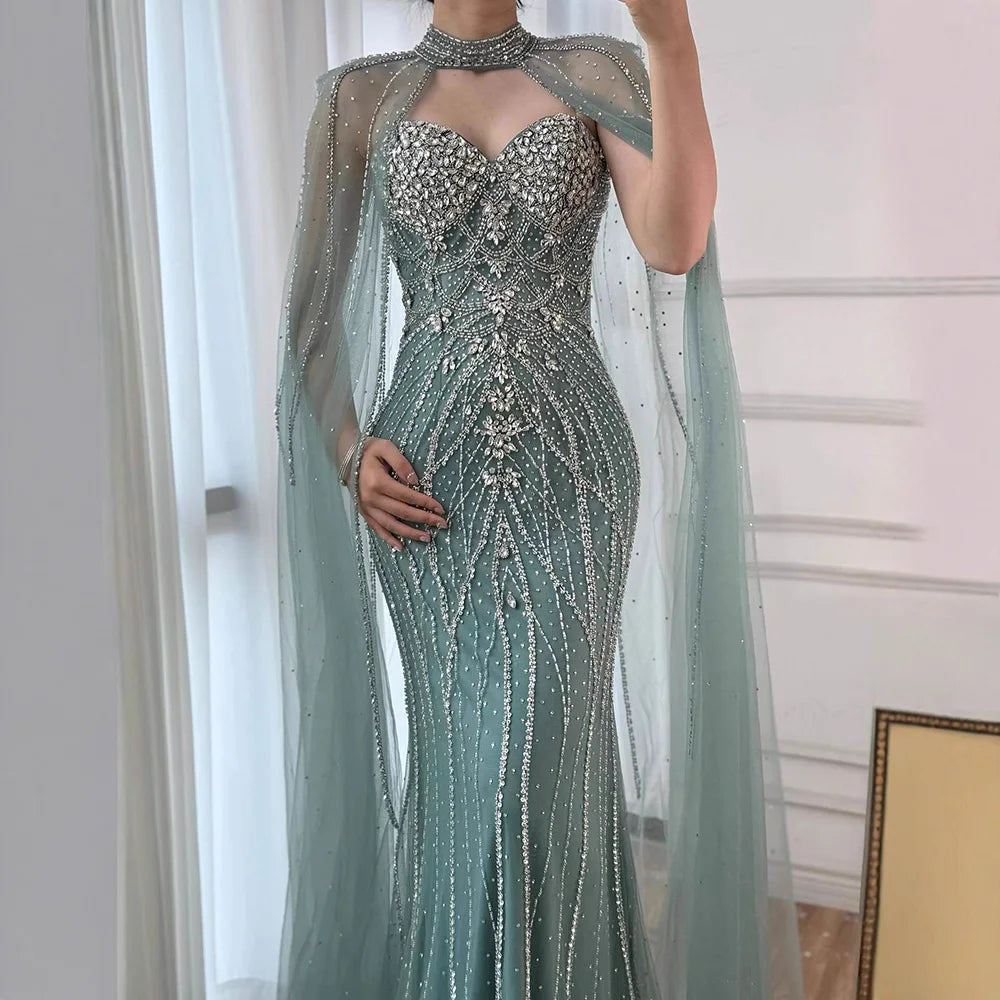 Luxury Turquoise Beaded Cape Sleeve Saudi Arabic Evening Dress LA73136A