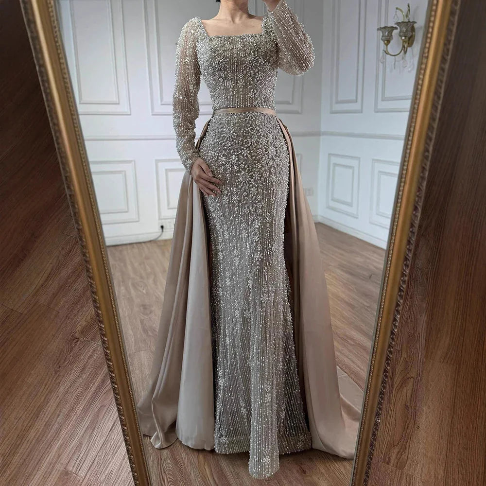 Luxury Dubai Arabic Muslim Caramel Mermaid Beaded Evening Gown with Overskirt CLA72533A