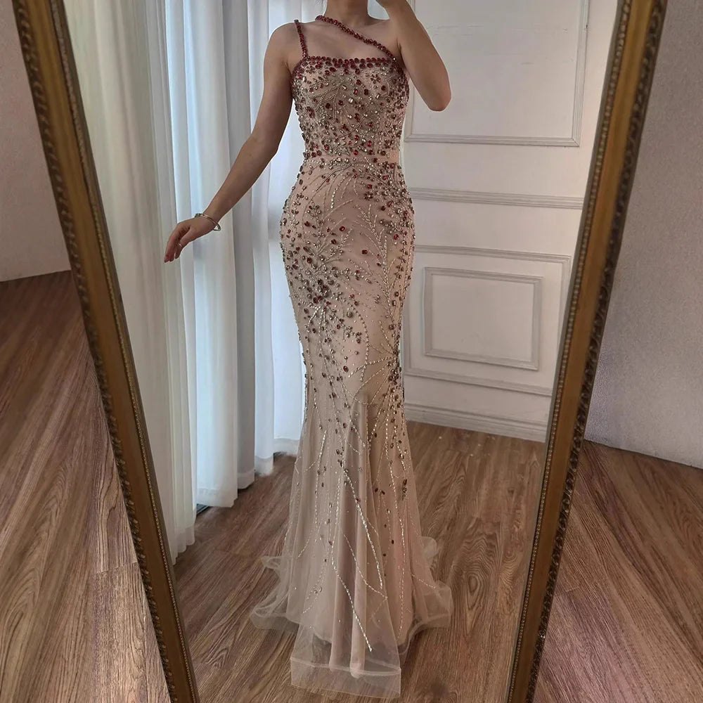 Luxury Red Saudi Arabic Crystal Beaded One Shoulder Evening Dress CLA73135