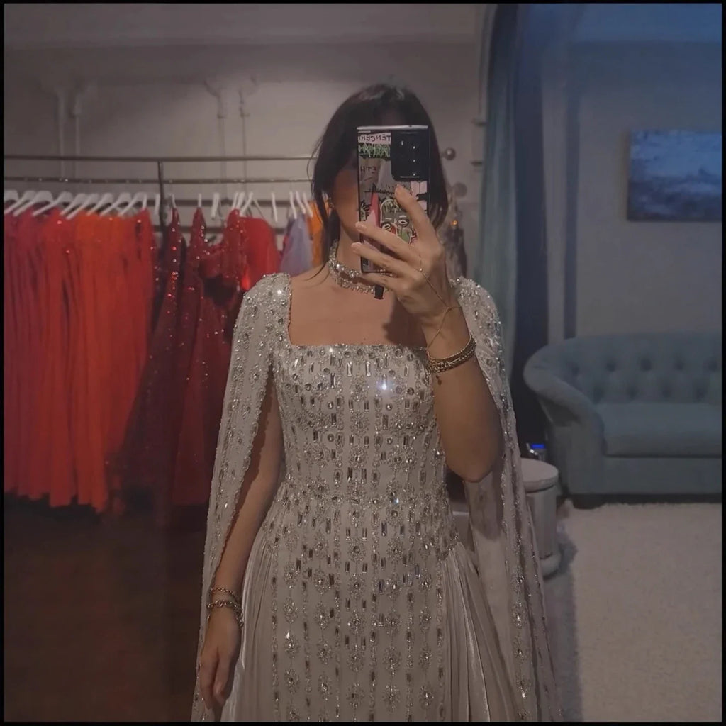 Luxury Nude Dubai Crystal Cape Sleeves A-Line Evening Dress CLA73272