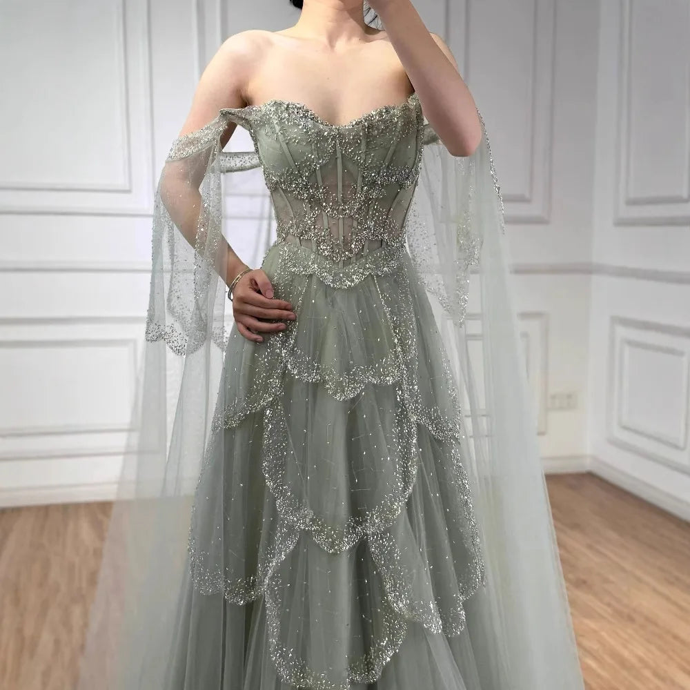 Luxury Arabic Sage Green Beaded A-Line Evening Dress with Cape CLA72605A