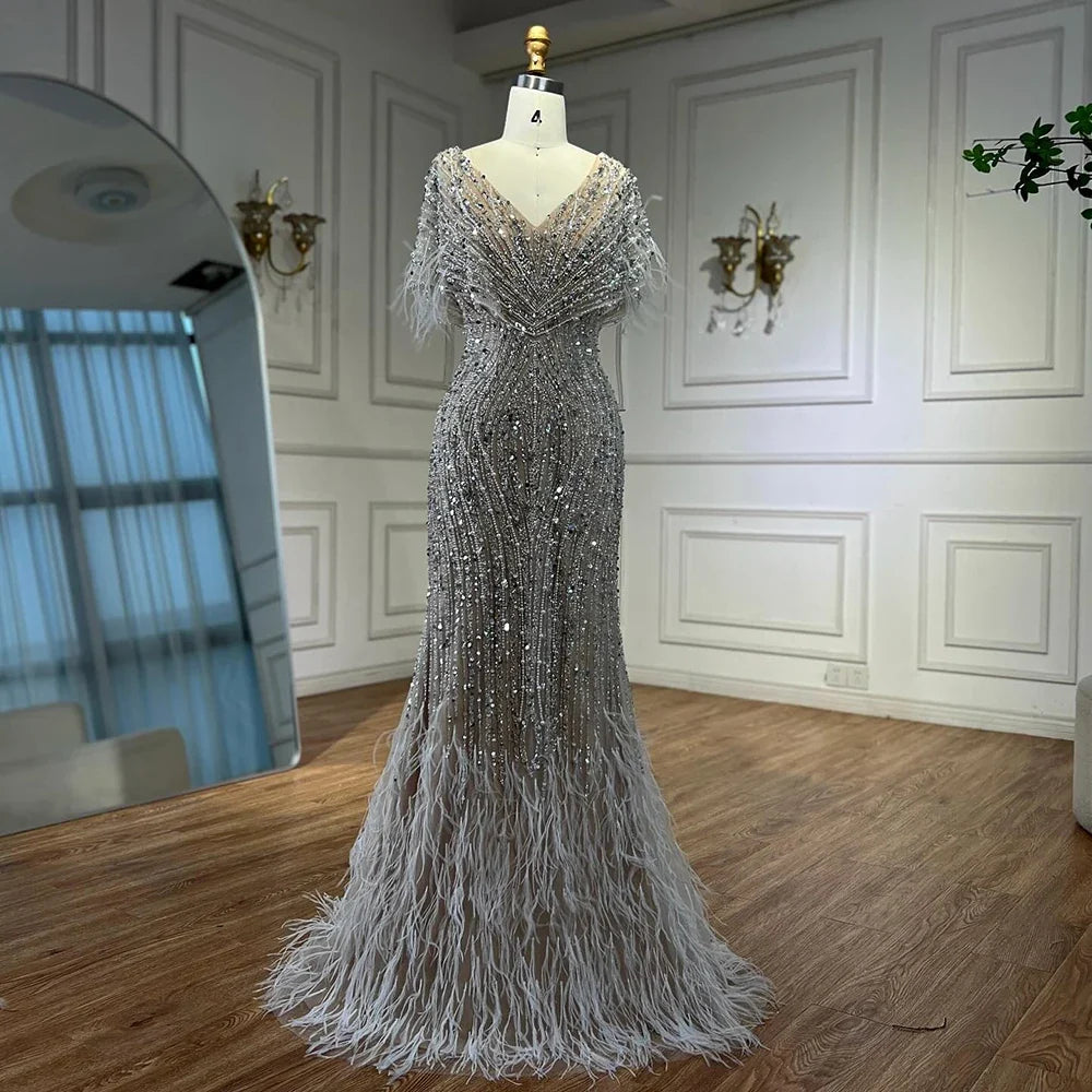 Arabic Pearls Beaded Feathers Mermaid Evening Dress Elegant For Women Wedding Party CLA72837