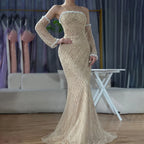 Arabic Elegant Nude Pearls Beaded Mermaid Strapless Evening Dress With Gloves CLA72649