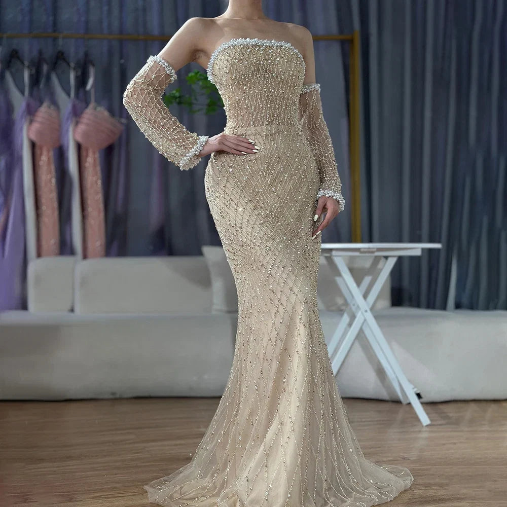Arabic Elegant Nude Pearls Beaded Mermaid Strapless Evening Dress With Gloves CLA72649