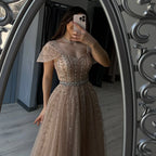 Nude A-Line Beaded Backless Evening Dress CLA72834