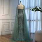 Arabic Luxury Beaded Strapless Mermaid Evening Dress With Cape Women Wedding Party Gown CLA72714B