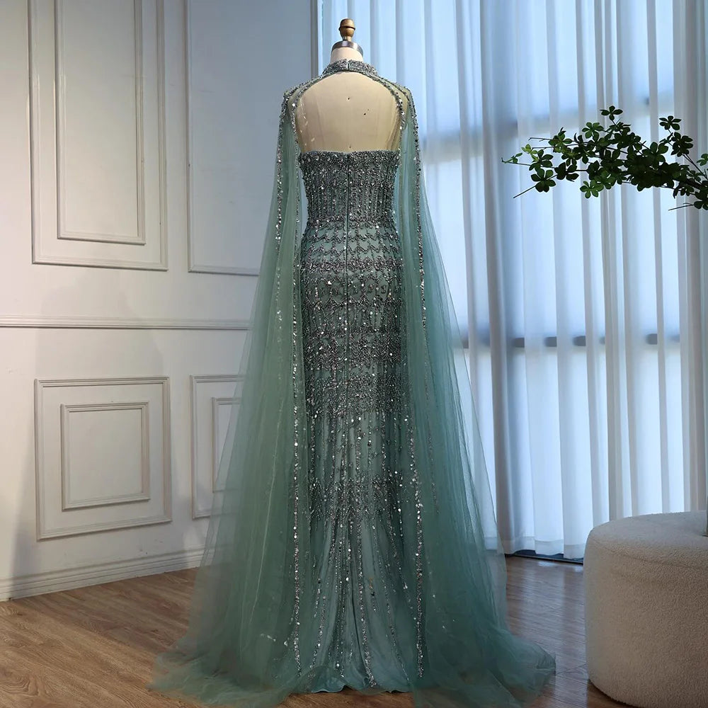 Arabic Luxury Beaded Strapless Mermaid Evening Dress With Cape Women Wedding Party Gown CLA72714B