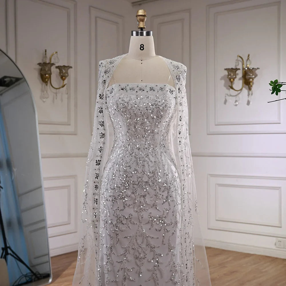 Luxury White Dubai Arabia Beaded Evening Dress With Cape CLA72870