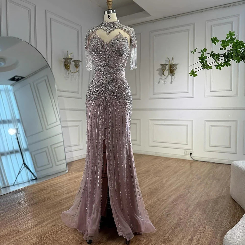 Arabic Luxury Beaded Mermaid Evening Dress With Detachable Tassels Cape CLA72891A