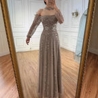 Luxury Caramel Off Shoulder Beaded Mermaid Evening Dress Long Sleeves CLA73053