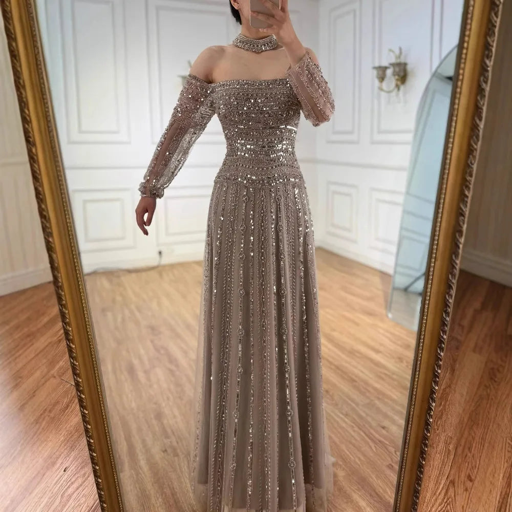 Luxury Caramel Off Shoulder Beaded Mermaid Evening Dress Long Sleeves CLA73053