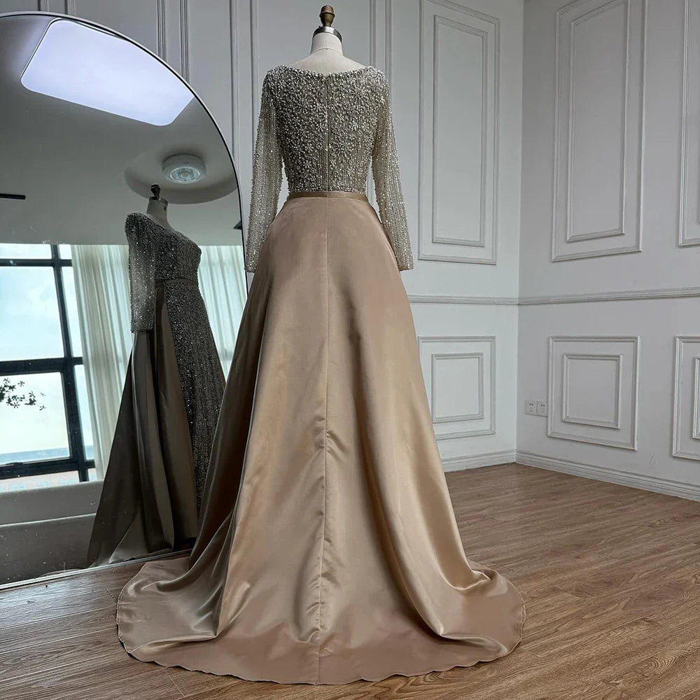 Luxury Dubai Arabic Muslim Caramel Mermaid Beaded Evening Gown with Overskirt CLA72533A