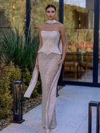 Luxury Nude Beaded Mermaid Evening Dress Strapless With Shawl CLA73076A