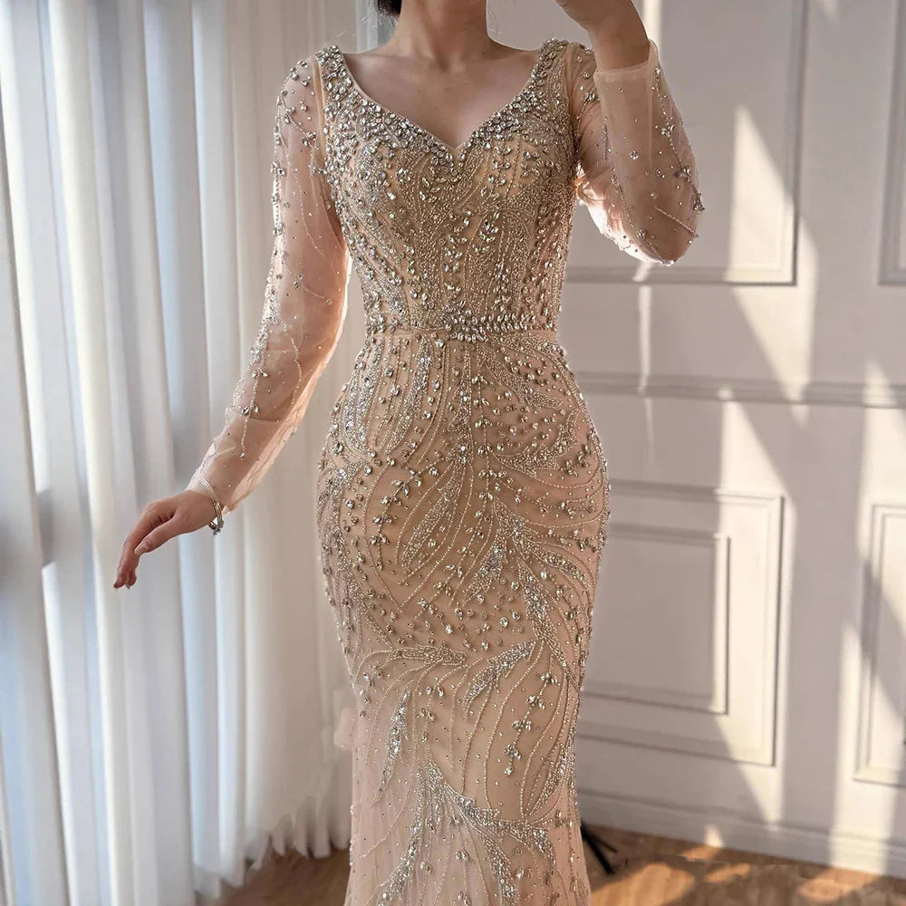 Luxury Muslim Nude Arabic Mermaid Beaded Evening Dress CLA73191