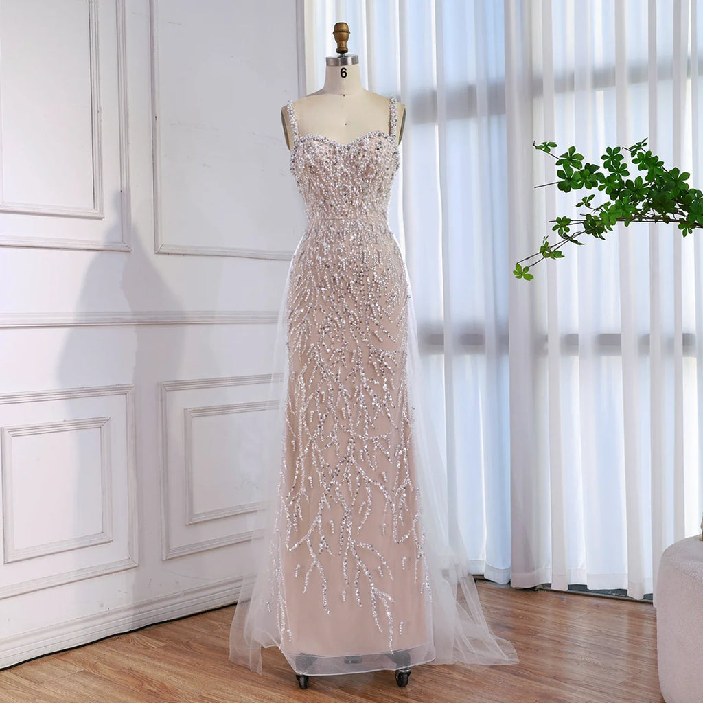 Luxury Lace Pearls Mermaid Evening Dress With Glove White Nude CLA72345E