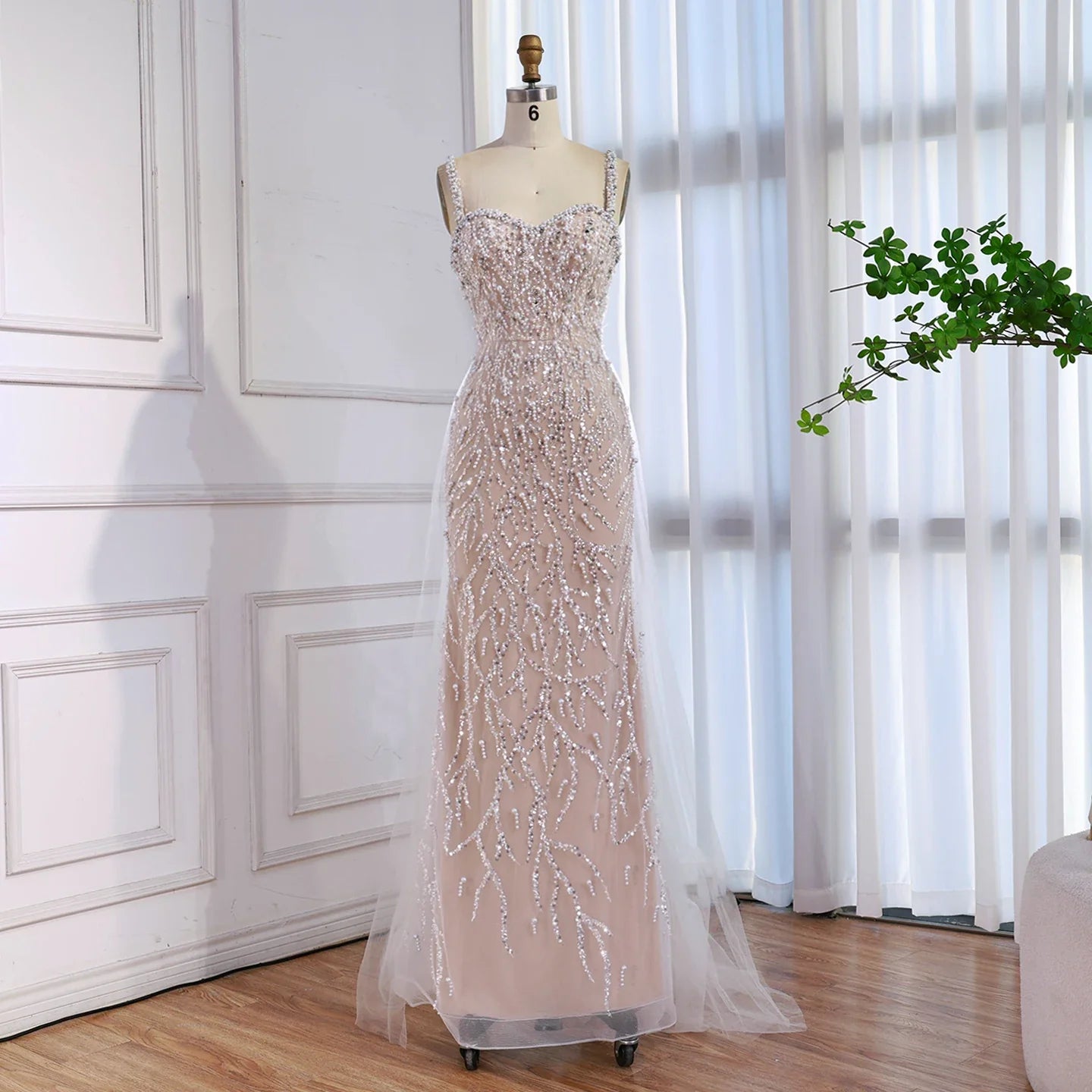 Luxury Lace Pearls Mermaid Evening Dress With Glove White Nude CLA72345E