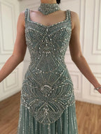 Luxury Turquoise Arabic Mermaid Beaded Evening Dress CLA73189B